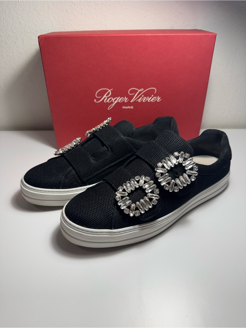 Roger Vivier Black Slip-On Sneakers with Crystal Buckles designer
